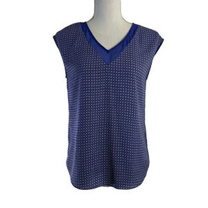 Attention Blue And White Geometric Print Blouse Contrasting Sheer Neckline Trim